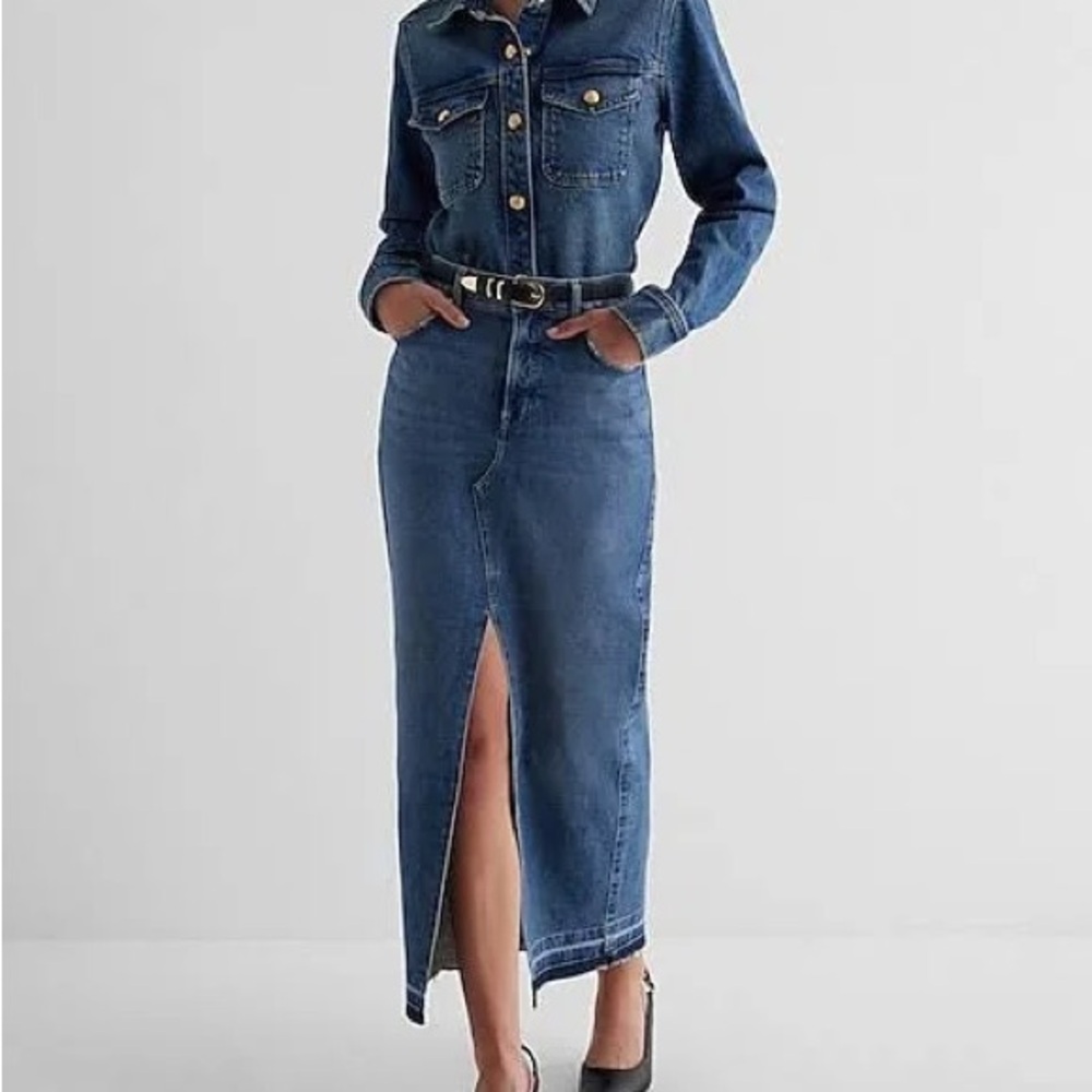 High wasted drop hem front slit denim skirt
